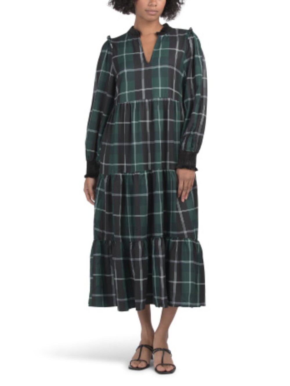 NWT SUGAR LIPS Tiered Plaid Holiday Velvet Neck/Cuffs Trim Midi Dress w Pockets